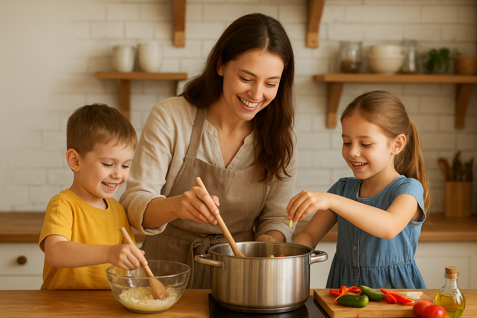 Familia cocinando junta con ingredientes orgánicos